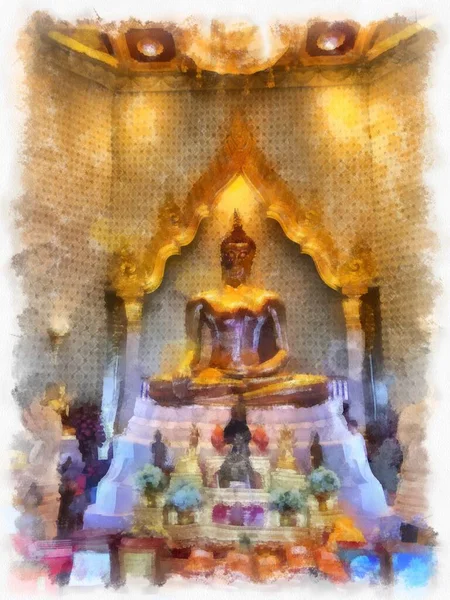 Ancienne Statue Bouddha Doré Bangkok Aquarelle Style Illustration Peinture Impressionniste — Photo