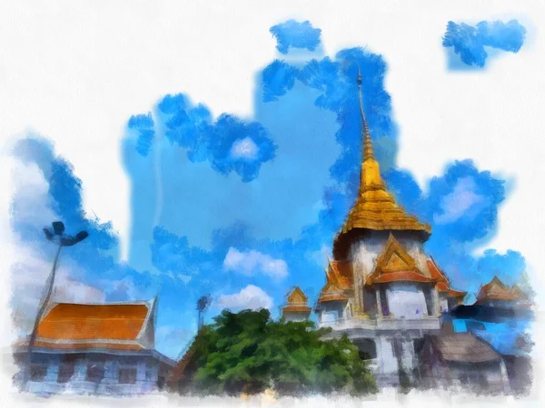 曼谷古建筑景观水彩画 印象派绘画 — 图库照片