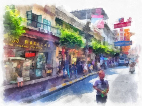 バンコクの街並み水彩画風のイラスト印象派絵画 — ストック写真