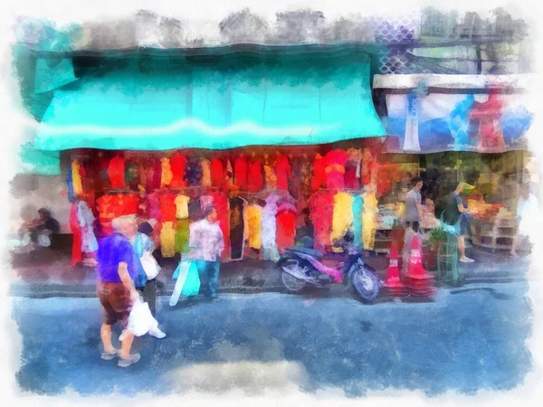 Вуличний Пейзаж Аквареллю Стилі Бангкоку Ілюструє Імпресіоністський Живопис — стокове фото