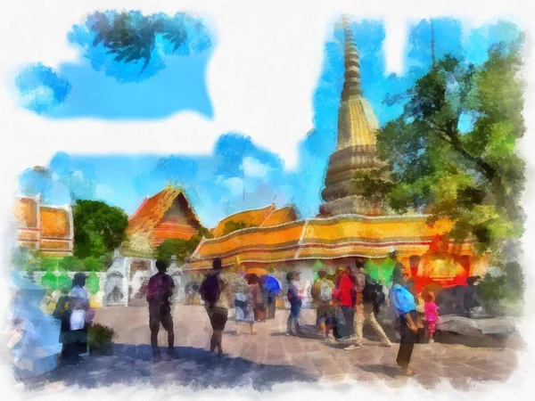 Krajobraz Starożytnej Architektury Bangkoku Akwarela Styl Ilustracji Impresjonistyczne Malarstwo — Zdjęcie stockowe