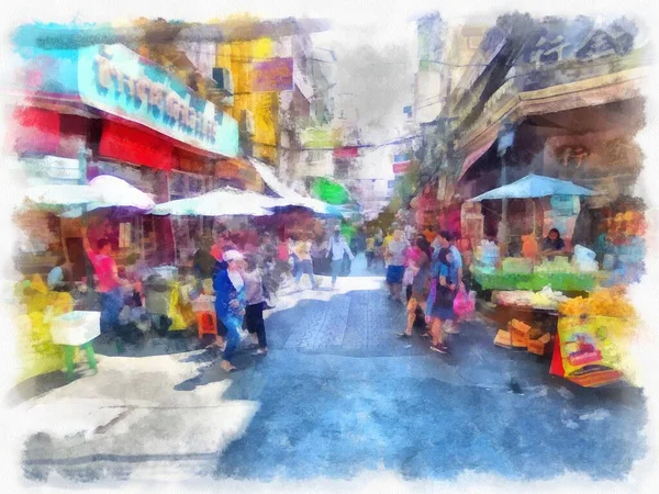 Paisaje Calle Bangkok Acuarela Estilo Ilustración Pintura Impresionista —  Fotos de Stock