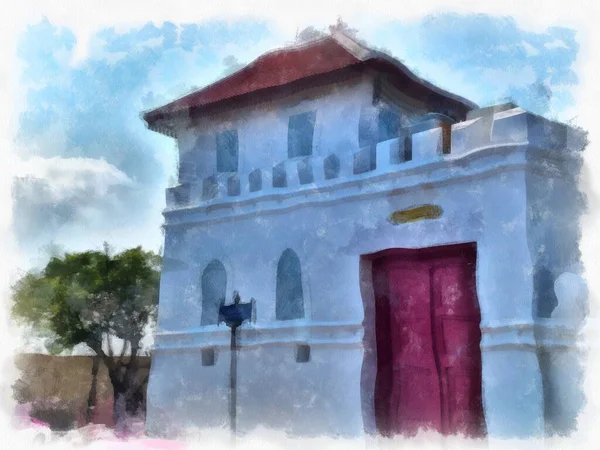 Bangkok 'taki antik mimarinin peyzajı suluboya resim çizimi empresyonisti.