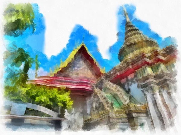Paisaje Arquitectura Antigua Bangkok Acuarela Estilo Ilustración Pintura Impresionista —  Fotos de Stock