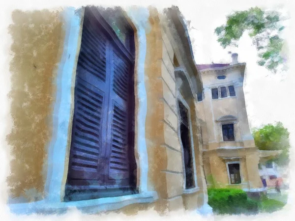 Bangkok 'taki antik mimarinin peyzajı suluboya resim çizimi empresyonisti.