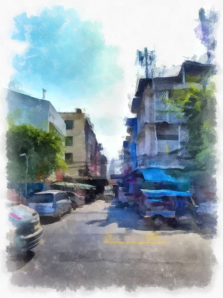 Street Landscape Bangkok Akvarell Stílusú Illusztráció Impresszionista Festmény — Stock Fotó