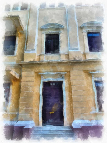 Bangkok 'taki antik mimarinin peyzajı suluboya resim çizimi empresyonisti.