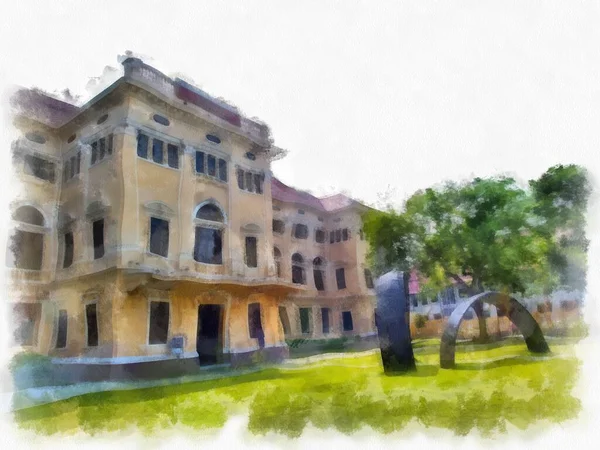 Bangkok 'taki antik mimarinin peyzajı suluboya resim çizimi empresyonisti.