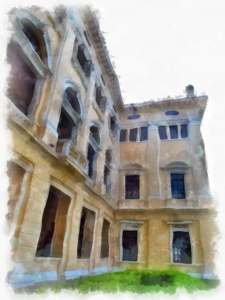 Bangkok 'taki antik mimarinin peyzajı suluboya resim çizimi empresyonisti.