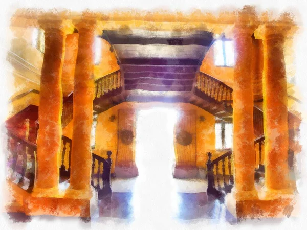 Bangkok 'taki antik mimarinin peyzajı suluboya resim çizimi empresyonisti.