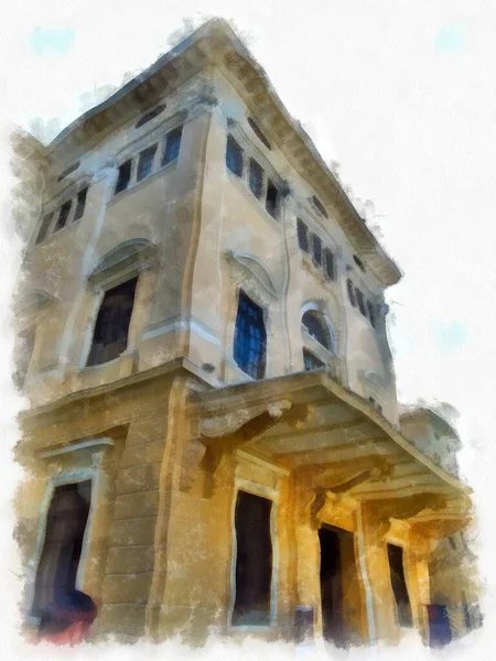 Bangkok 'taki antik mimarinin peyzajı suluboya resim çizimi empresyonisti.