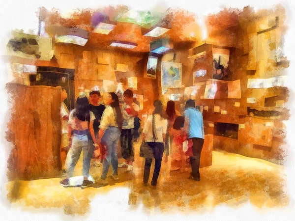 Bangkok 'taki antik mimarinin peyzajı suluboya resim çizimi empresyonisti.