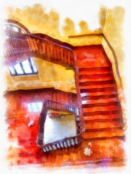 Bangkok 'taki antik mimarinin peyzajı suluboya resim çizimi empresyonisti.