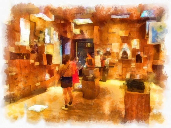 Bangkok 'taki antik mimarinin peyzajı suluboya resim çizimi empresyonisti.