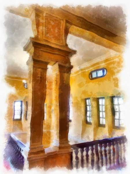 Bangkok 'taki antik mimarinin peyzajı suluboya resim çizimi empresyonisti.