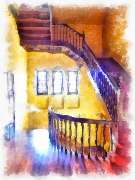 Bangkok 'taki antik mimarinin peyzajı suluboya resim çizimi empresyonisti.