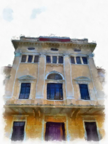 Bangkok 'taki antik mimarinin peyzajı suluboya resim çizimi empresyonisti.