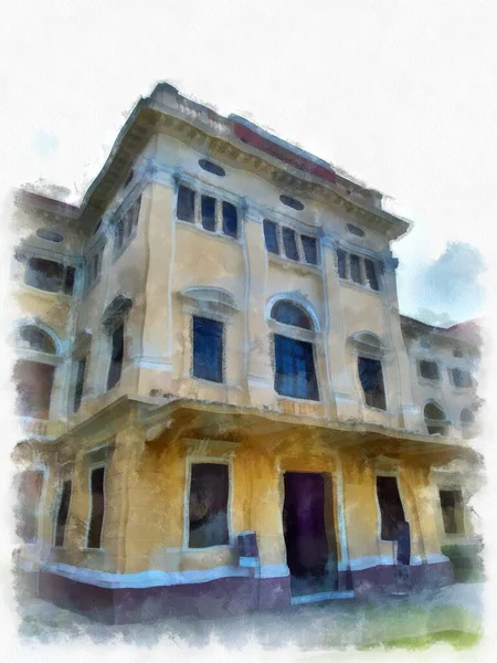 Bangkok 'taki antik mimarinin peyzajı suluboya resim çizimi empresyonisti.