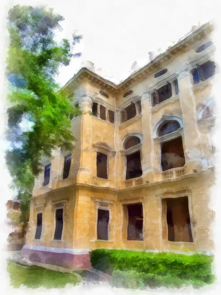 Bangkok 'taki antik mimarinin peyzajı suluboya resim çizimi empresyonisti.