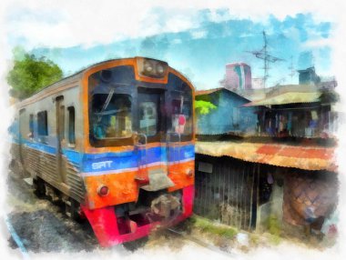 Tayland treni suluboya resim çizimi.