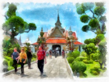 Wat Arun tapınağı Bangkok 'taki antik Tayland mimarisi suluboya resim çizimi.