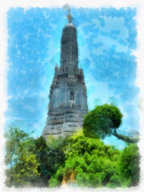 Wat Arun tapınağı Bangkok 'taki antik Tayland mimarisi suluboya resim çizimi.