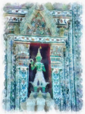 Wat Arun tapınağı Bangkok 'taki antik Tayland mimarisi suluboya resim çizimi.