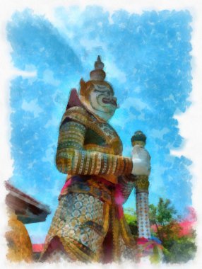 Wat Arun tapınağı Bangkok 'taki antik Tayland mimarisi suluboya resim çizimi.