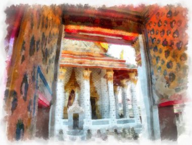 Wat Arun tapınağı Bangkok 'taki antik Tayland mimarisi suluboya resim çizimi.