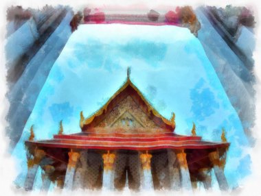 Wat Arun tapınağı Bangkok 'taki antik Tayland mimarisi suluboya resim çizimi.
