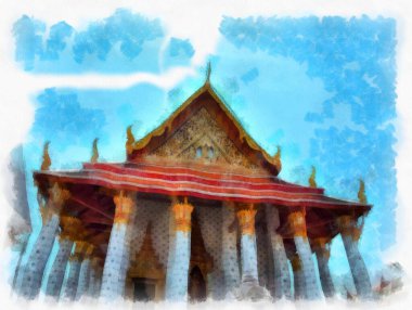 Wat Arun tapınağı Bangkok 'taki antik Tayland mimarisi suluboya resim çizimi.