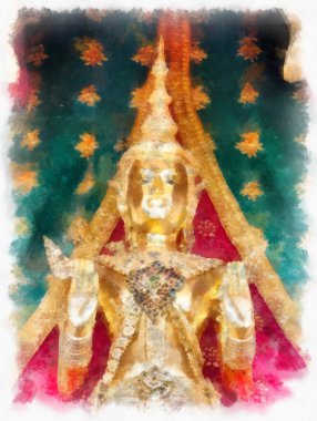 Wat Arun tapınağı Bangkok 'taki antik Tayland mimarisi suluboya resim çizimi.