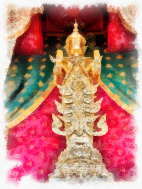 Wat Arun tapınağı Bangkok 'taki antik Tayland mimarisi suluboya resim çizimi.