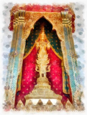 Wat Arun tapınağı Bangkok 'taki antik Tayland mimarisi suluboya resim çizimi.