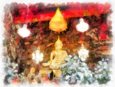 Wat Arun tapınağı Bangkok 'taki antik Tayland mimarisi suluboya resim çizimi.