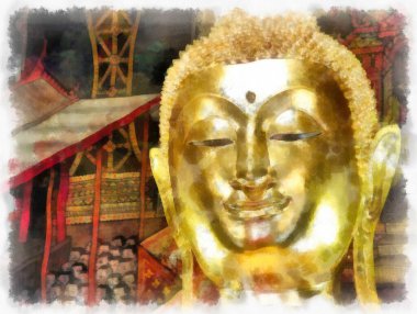 Wat Arun tapınağı Bangkok 'taki antik Tayland mimarisi suluboya resim çizimi.