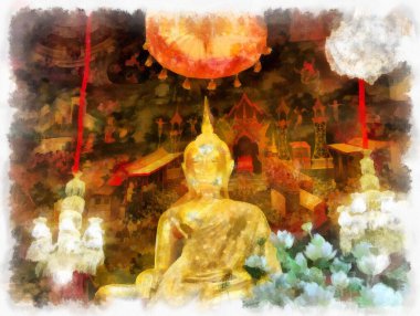 Wat Arun tapınağı Bangkok 'taki antik Tayland mimarisi suluboya resim çizimi.