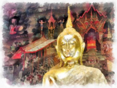 Wat Arun tapınağı Bangkok 'taki antik Tayland mimarisi suluboya resim çizimi.