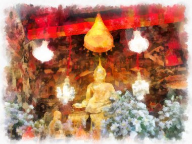 Wat Arun tapınağı Bangkok 'taki antik Tayland mimarisi suluboya resim çizimi.