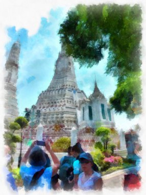 Wat Arun tapınağı Bangkok 'taki antik Tayland mimarisi suluboya resim çizimi.
