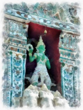 Wat Arun tapınağı Bangkok 'taki antik Tayland mimarisi suluboya resim çizimi.