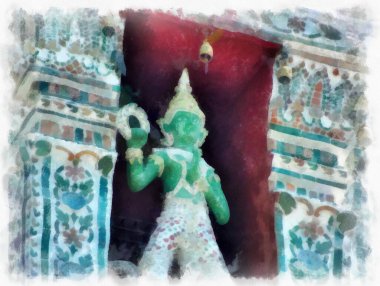 Wat Arun tapınağı Bangkok 'taki antik Tayland mimarisi suluboya resim çizimi.