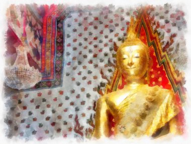 Wat Arun tapınağı Bangkok 'taki antik Tayland mimarisi suluboya resim çizimi.