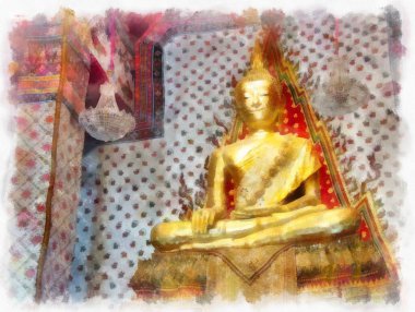 Wat Arun tapınağı Bangkok 'taki antik Tayland mimarisi suluboya resim çizimi.