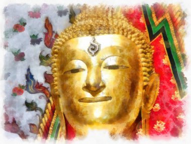 Wat Arun tapınağı Bangkok 'taki antik Tayland mimarisi suluboya resim çizimi.