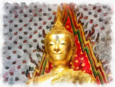 Wat Arun tapınağı Bangkok 'taki antik Tayland mimarisi suluboya resim çizimi.