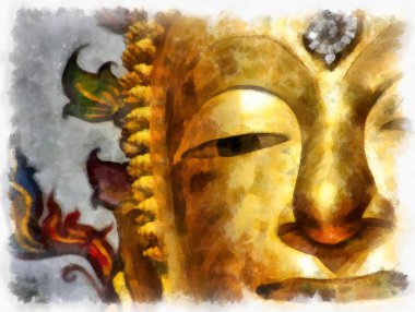 Wat Arun tapınağı Bangkok 'taki antik Tayland mimarisi suluboya resim çizimi.