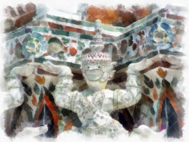 Wat Arun tapınağı Bangkok 'taki antik Tayland mimarisi suluboya resim çizimi.