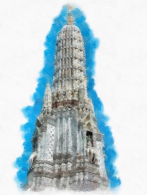 Wat Arun tapınağı Bangkok 'taki antik Tayland mimarisi suluboya resim çizimi.