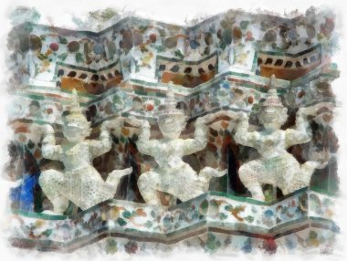 Wat Arun tapınağı Bangkok 'taki antik Tayland mimarisi suluboya resim çizimi.